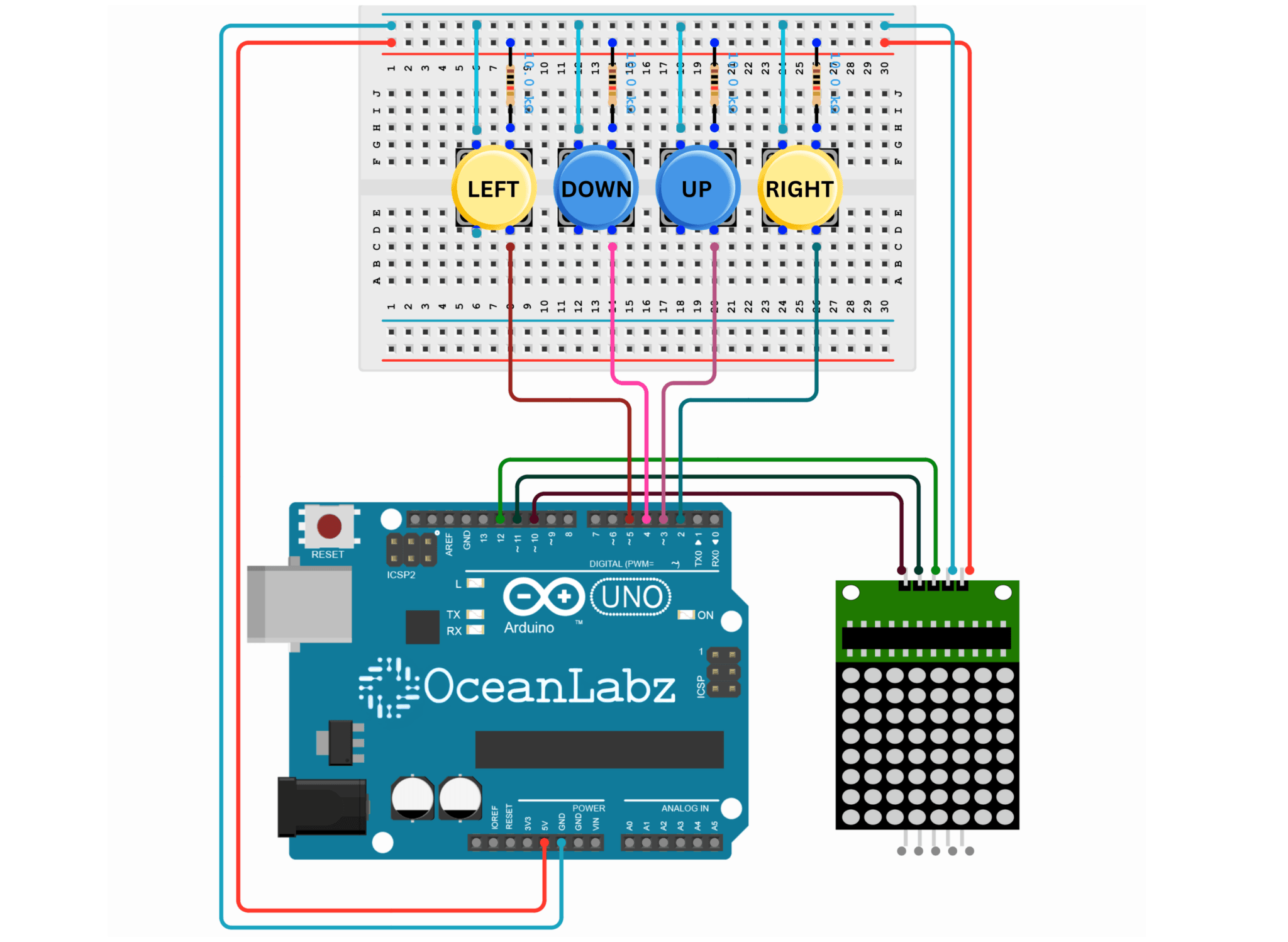 Snake Game with Matrix Display and push button with Arduino – OceanLabz
